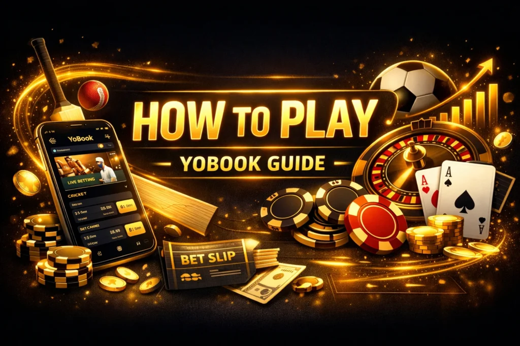 How to play YoBook guide banner with cricket betting graphics and mobile app