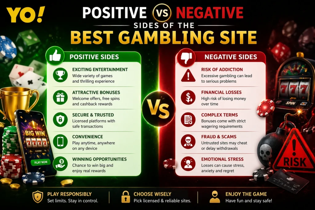 Positive vs negative sides of the best gambling site showing benefits and risks of online betting