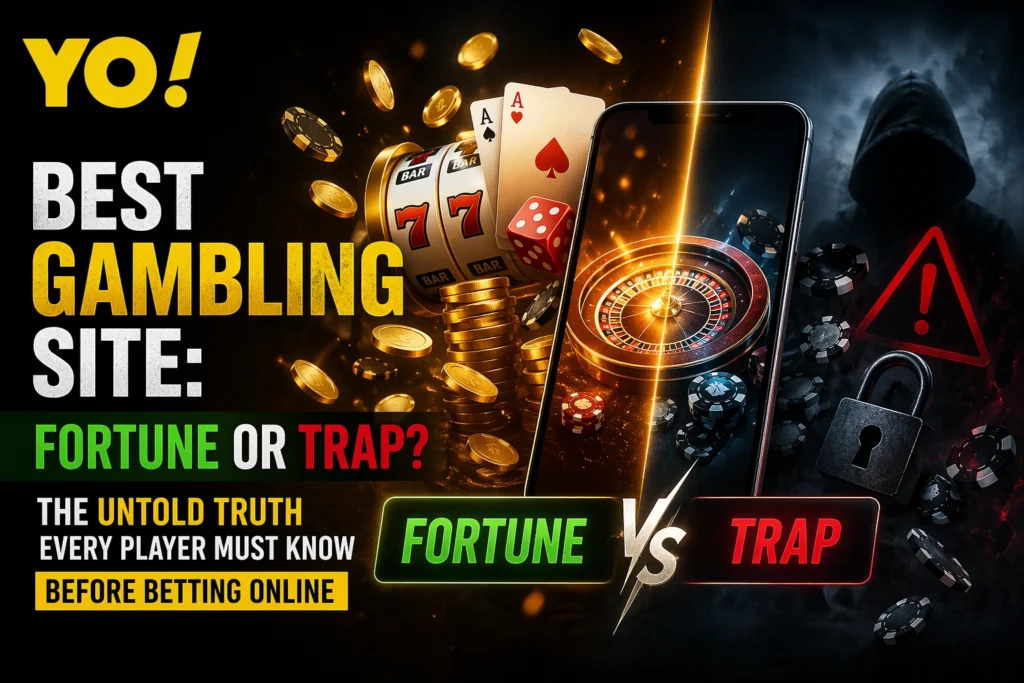 Best Gambling Site banner showing fortune vs trap concept with casino elements, mobile betting, and warning signs