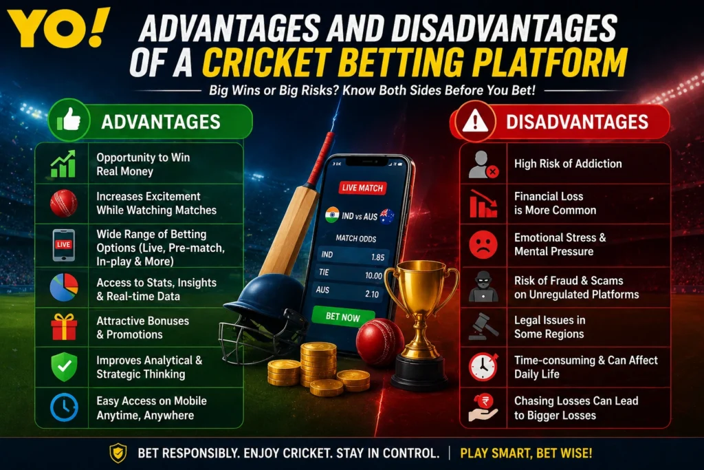 Advantages and disadvantages of cricket betting platform showing benefits and risks in online gaming