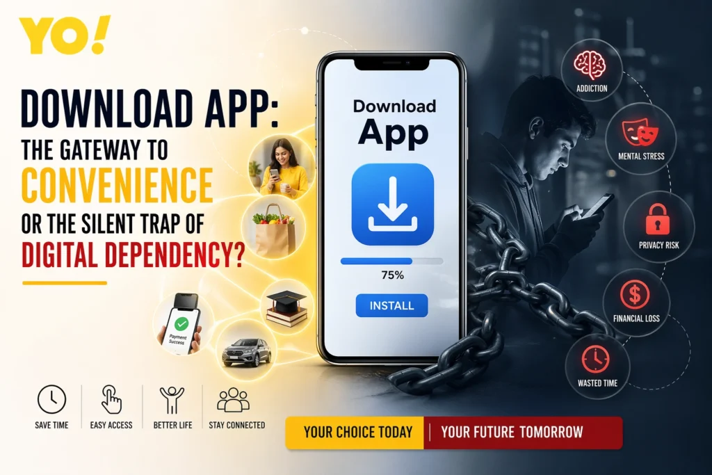 Download App concept showing convenience benefits versus digital dependency risks with smartphone illustration