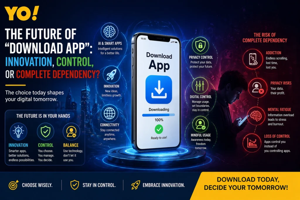 Future of Download App concept showing innovation, AI apps, user control, and digital dependency risks