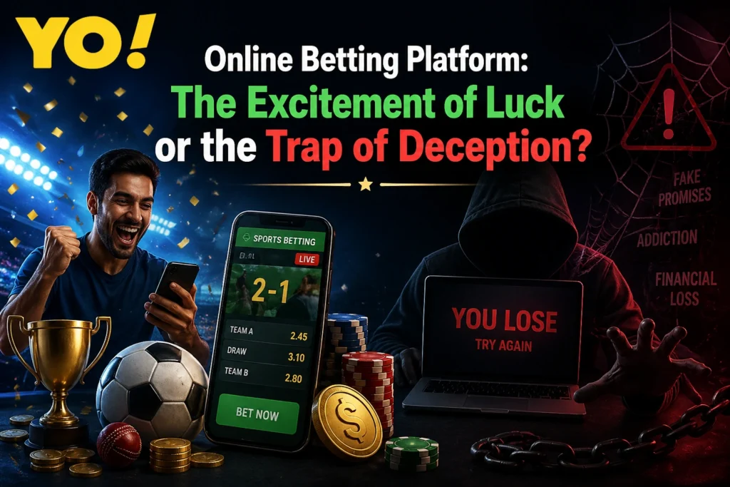 Online betting platform showing excitement of winning versus risks of deception and financial loss