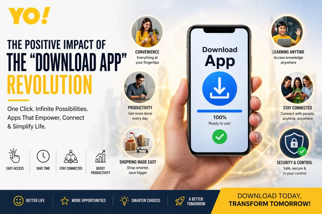 The positive impact of Download App revolution showing convenience, productivity, learning, and connectivity benefits