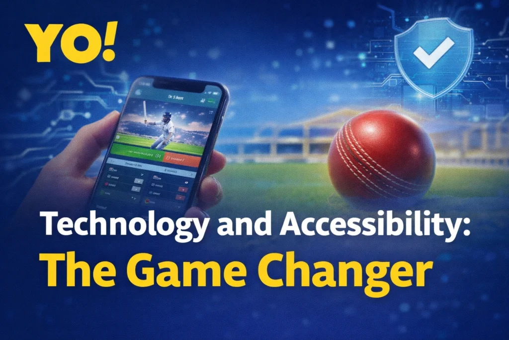 Technology and accessibility in online cricket betting with smartphone and YO logo